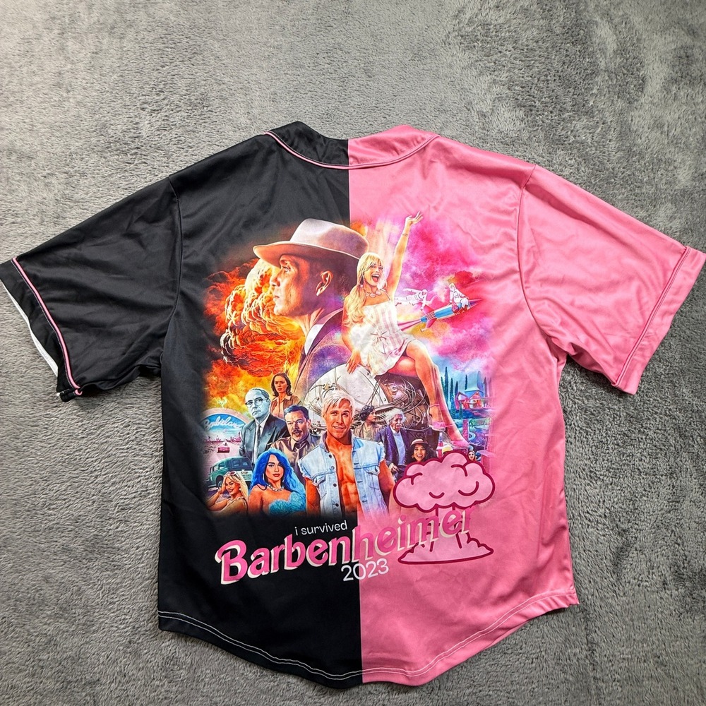 Unbranded Barbenheimer Baseball Jersey Mens L Pink Black Excellent Movie Spoof
